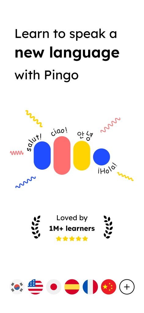 Welcome screen for Pingo AI language learning app featuring a 5 star rating and greetings in multiple languages