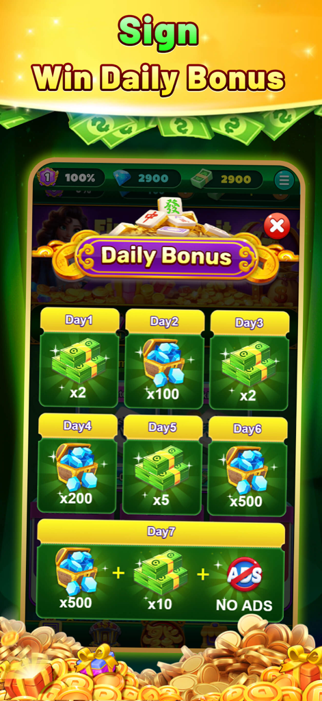 Money Slots - Win Real Cash - Daily bonus rewards calendar in Money Slots app showing cash and gem prizes for seven days