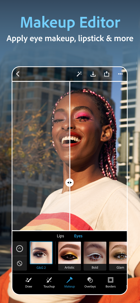 Interfaz del editor de maquillaje de Photoshop Express que muestra una vista dividida de antes y después de un retrato con maquillaje de ojos y lápiz labial.