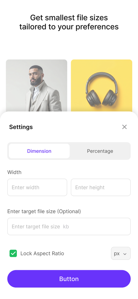 Shrink.media - Settings interface of Shrink.media app showing options to resize images by custom dimensions or target file size
