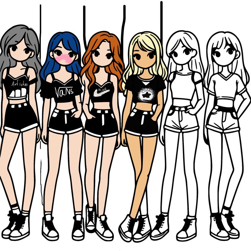 a group of girls wearing crop tops and shorts