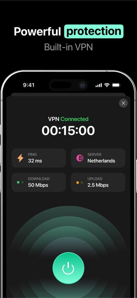 Jet browser - VPN + AdBlock - Interface do aplicativo Jet Browser mostrando uma VPN conectada com localização do servidor e métricas de velocidade