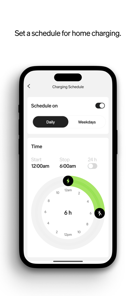 Schermata dell'app mobile Rivian per impostare un programma di ricarica domestica con un selettore di tempo circolare