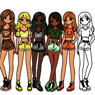 a group of girls wearing crop tops and shorts