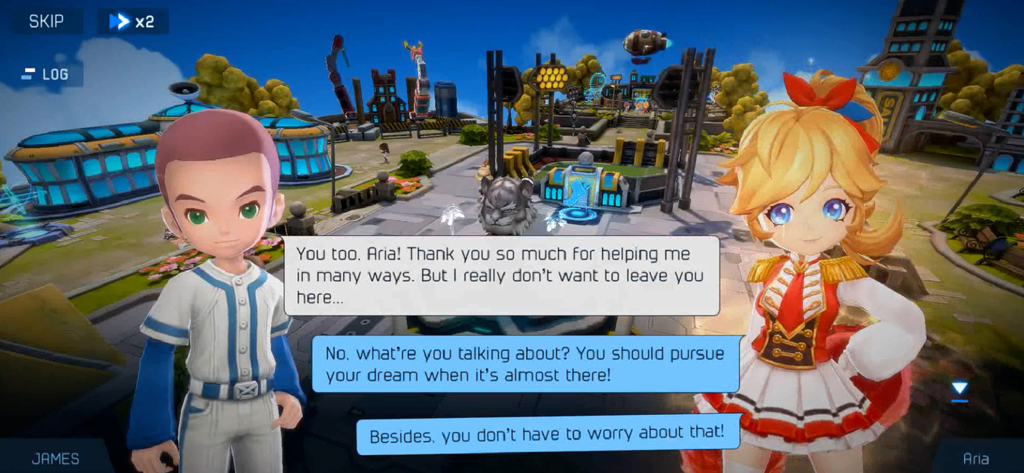 Anime style dialogue scene between characters James and Aria in Baseball Superstars 2024