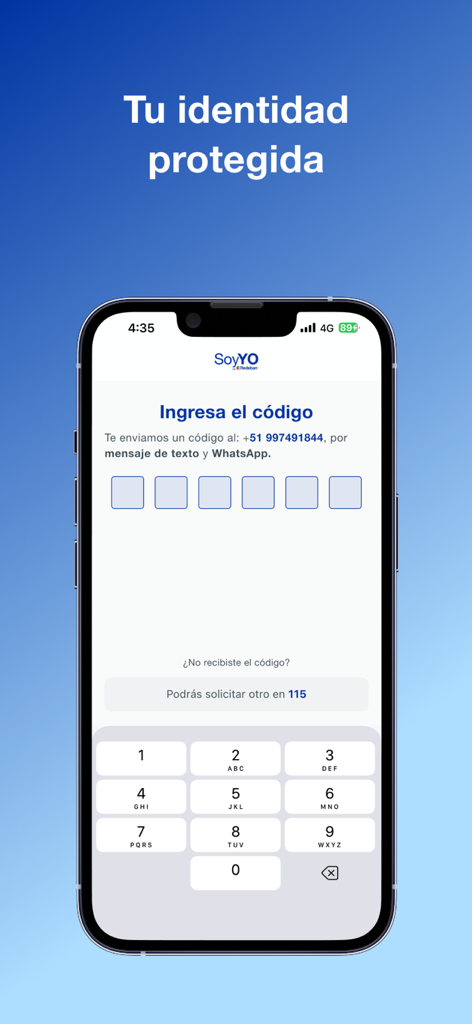 Interfaccia dell'app mobile per inserire un codice di verifica per proteggere un'identità digitale.