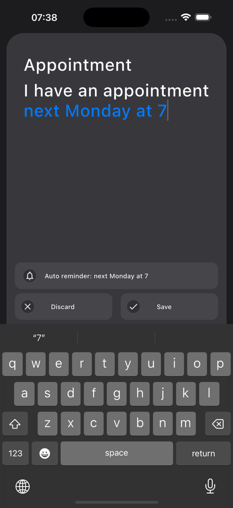 Mnemosyne: Mind's Archive - Screenshot of Mnemosyne app showing natural language processing for an automatic reminder next Monday at 7