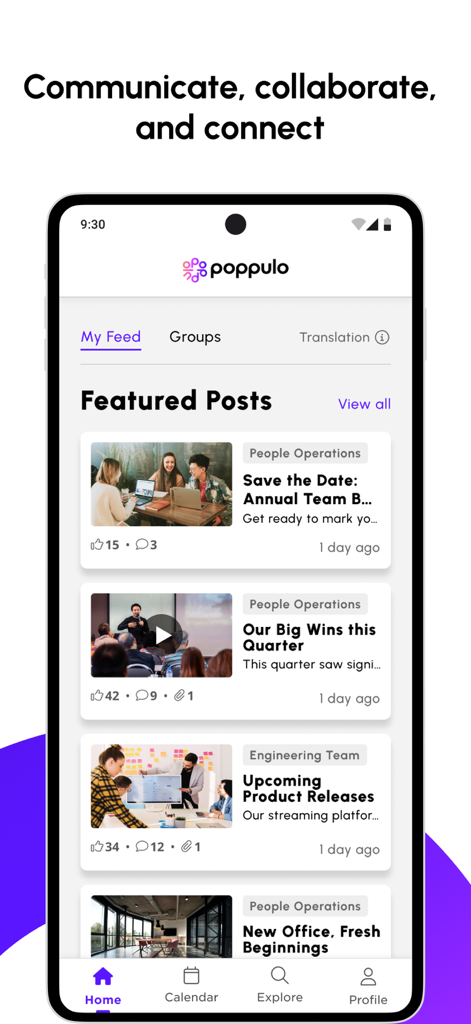 Poppulo - The Poppulo mobile app interface showing a featured internal communications news feed for employees.
