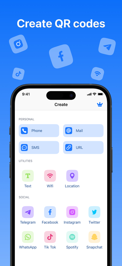 Interfaz de una aplicación de iPhone que muestra opciones para generar códigos QR para uso personal, utilidades y plataformas de redes sociales.