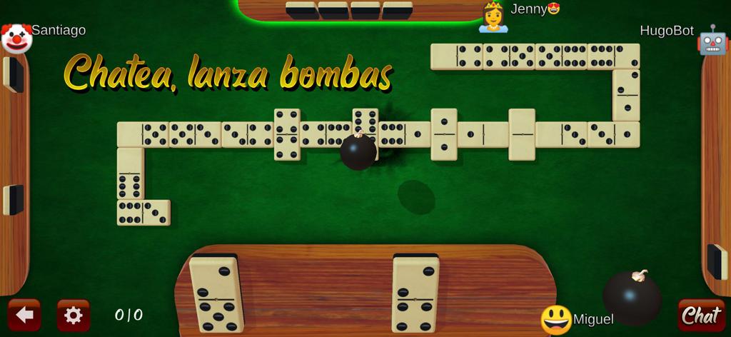 Dominó en Español - Partie de domino numérique montrant le chat et les fonctionnalités de lancer de bombes en espagnol