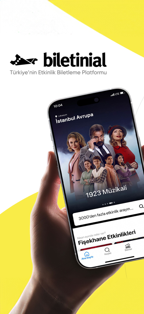 Interface de l'application mobile Biletinial montrant des billets de théâtre et des événements à Istanbul