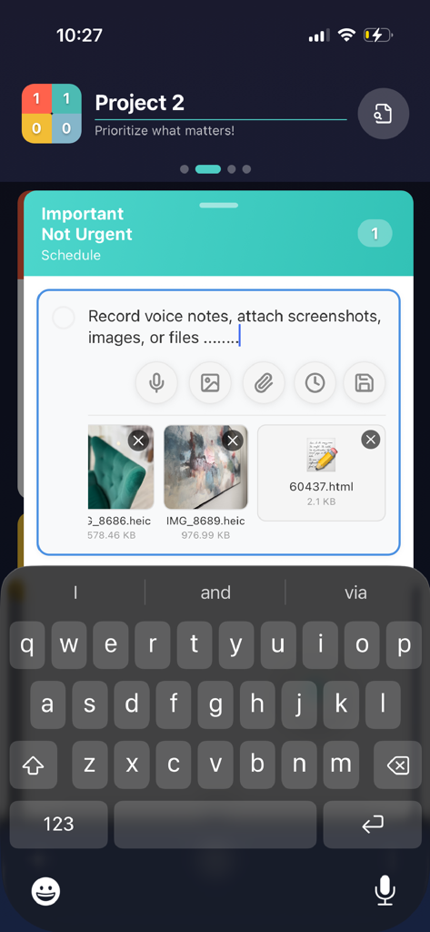 Quadrix - Quadrix app interface showing task creation with voice notes and image attachments in the Eisenhower Matrix.