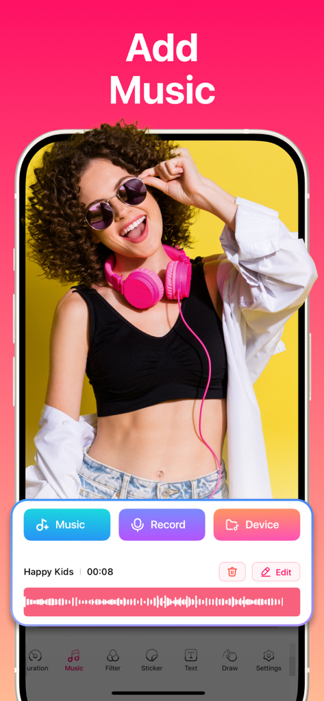 Interface for adding music and voiceover to a slideshow in the SlideShow Maker app.