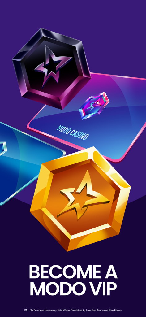 Modo Social Casino Slots - Gráfico promocional para Modo Social Casino que muestra medallas brillantes de estrellas doradas y púrpuras con el texto Conviértete en un VIP de Modo.