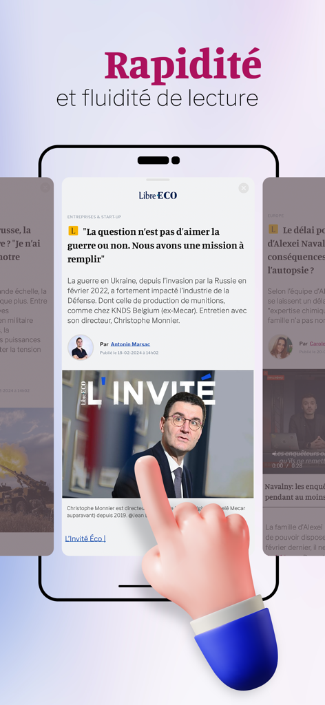 La Libre News - La Libre Newsアプリで経済記事を表示しているスマートフォン。スムーズな読書のためにスワイプジェスチャーを行う手が表示されています