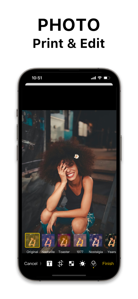 Smart Printer App ゜ - Interfaz de la App Impresora Inteligente mostrando herramientas y filtros de edición de fotos en una pantalla móvil