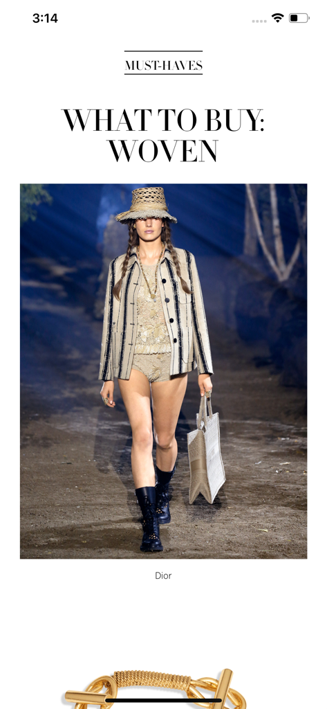Harper's BAZAAR app showing a Dior runway model wearing woven fashion items