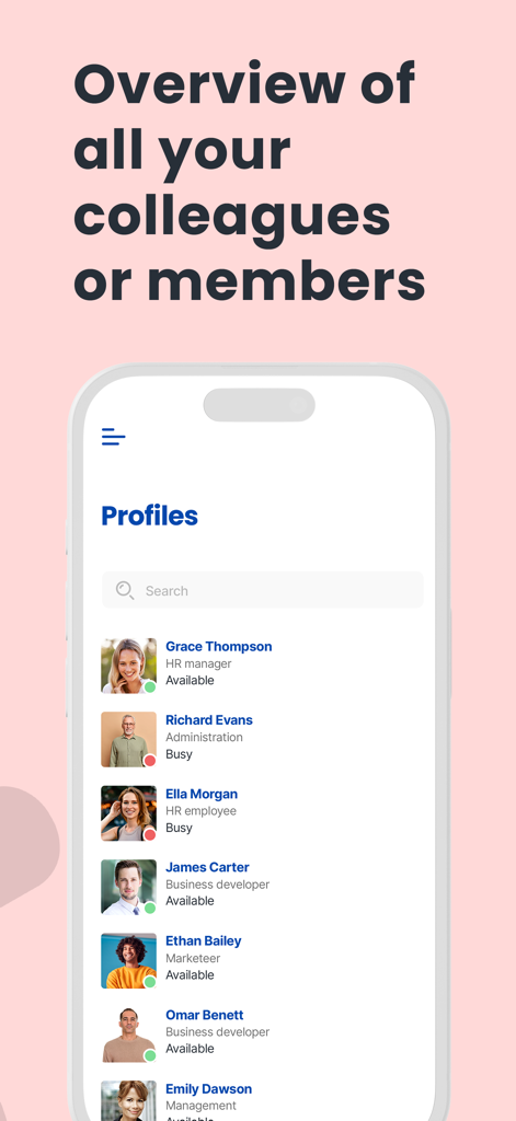 Bundeling - Una lista de perfiles de miembros profesionales en la aplicación Bundeling que muestran nombres, roles y estado de disponibilidad.