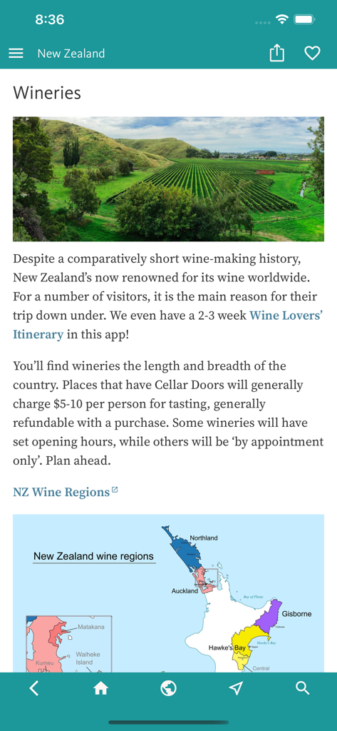 Pantalla de la aplicación de guía de viajes de Nueva Zelanda que muestra la sección de bodegas con una foto de un viñedo y un mapa de las regiones vinícolas.