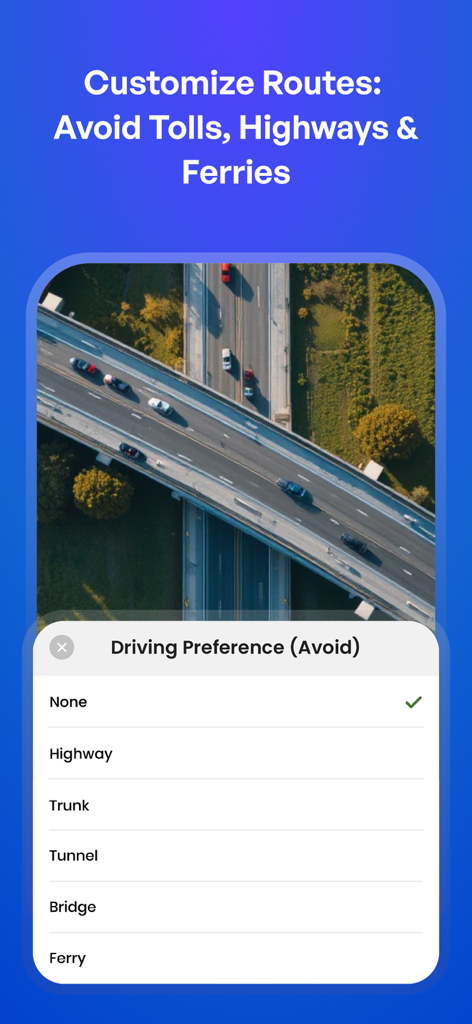 Upper: Delivery Route Planner - A menu in the Upper app showing driving preferences to avoid highways and tolls