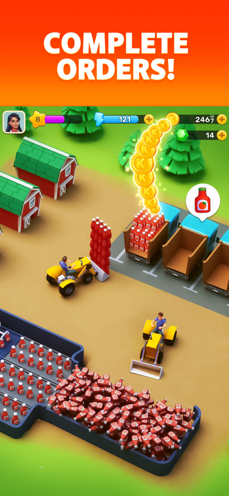 Klondike Adventures: Farm Game - Captura de tela de jogabilidade do Klondike Adventures mostrando caminhões sendo carregados com mercadorias para completar pedidos e ganhar moedas