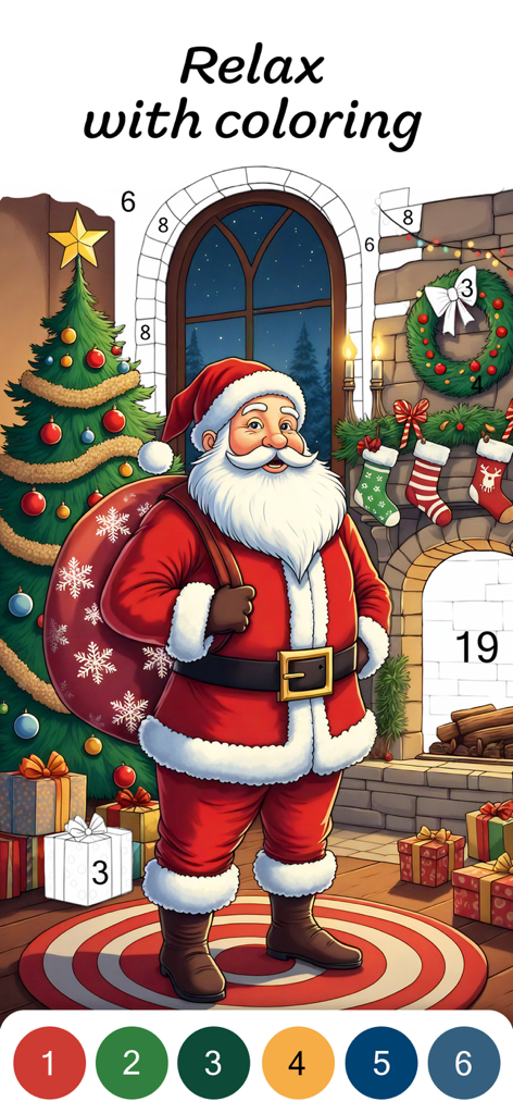 Color by Numbers for Adults - Eine festliche Weihnachtsszene mit dem Weihnachtsmann in einer Malen-nach-Zahlen-App-Oberfläche