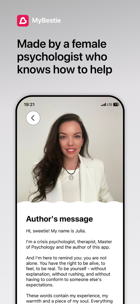 MyBestie－Mental Health Support - Einführungsnachricht von Julia, einer Krisenpsychologin, innerhalb der MyBestie App