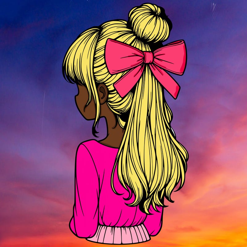 realistic girl  with hip length hair a bun and a big bow on the back of head