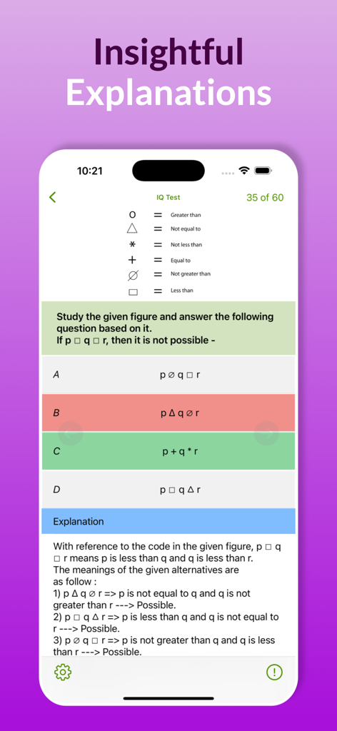 The IQ Test : Lite Edition - A logic test question on a mobile app with a detailed explanation section at the bottom