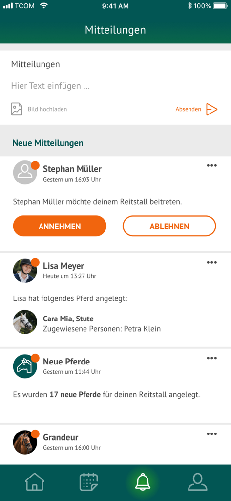 ReitZeit app interface showing notifications for stable management including join requests and horse registration