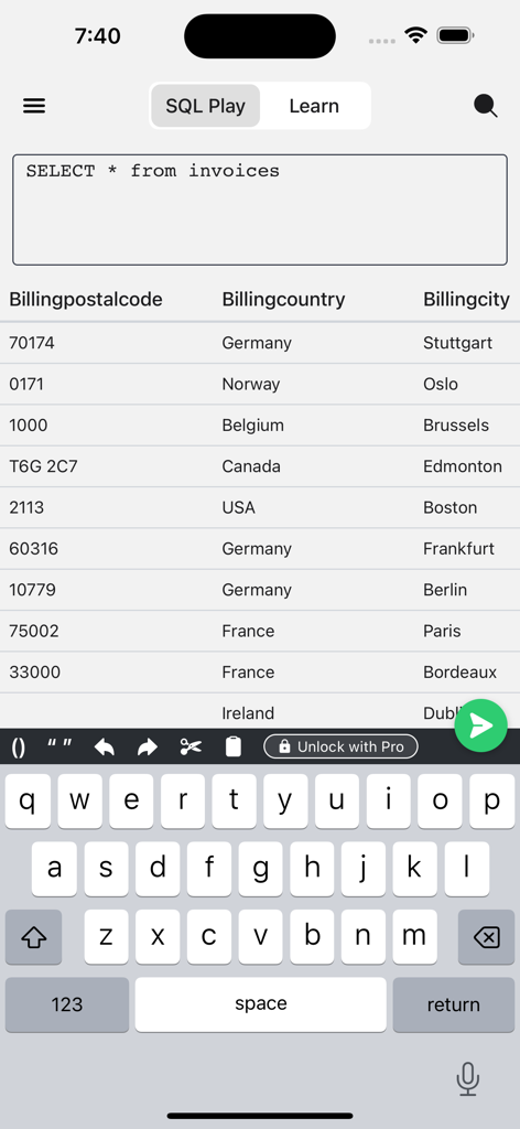 SQL Play — Learn SQL - SQL Play app interface showing a query execution on an invoices database table