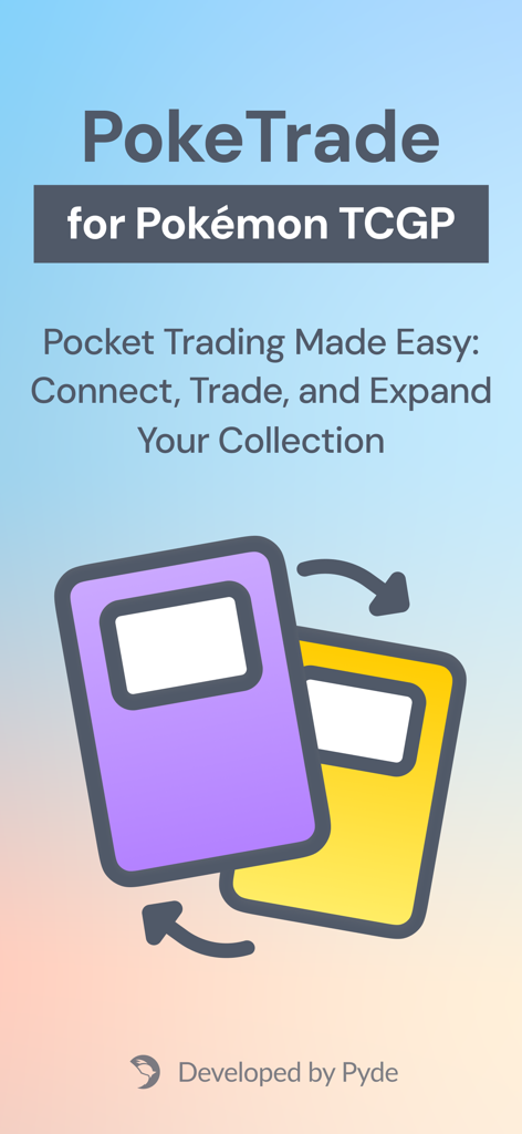PokeTrade app intro screen for Pokemon TCG Pocket featuring a card trading graphic