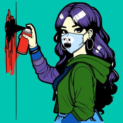 realistic girl with mask spray painting a wall