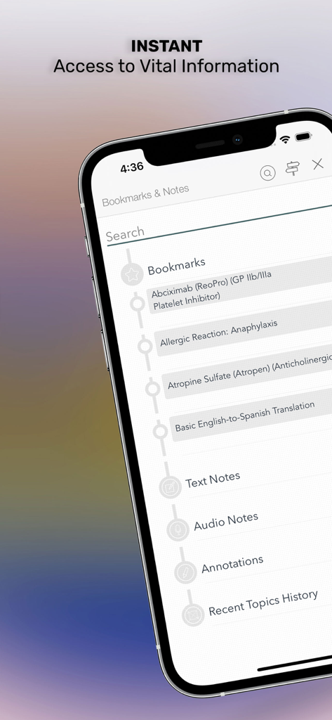 EMS Notes app interface showing the Bookmarks and Notes section with medical references