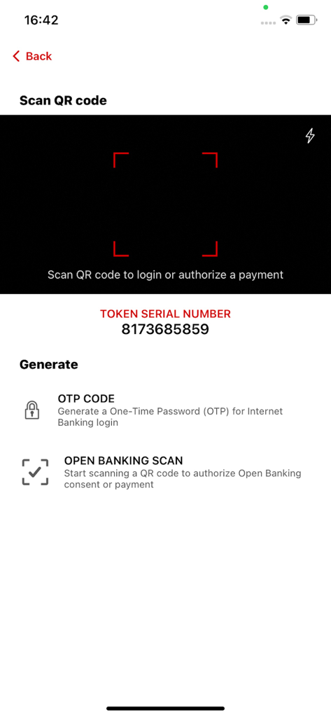 ALTA BANK2GO - ALTA BANK2GO app screen showing QR code scanner for login and options to generate OTP or scan for open banking