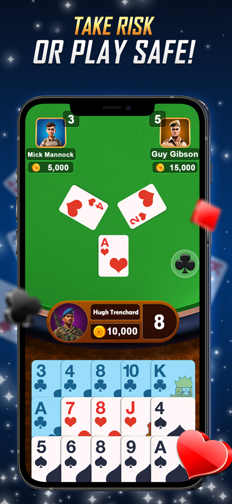 358 Card Game - Gameplay of 358 Card Game showing three players at a green felt table with the text Take Risk or Play Safe.