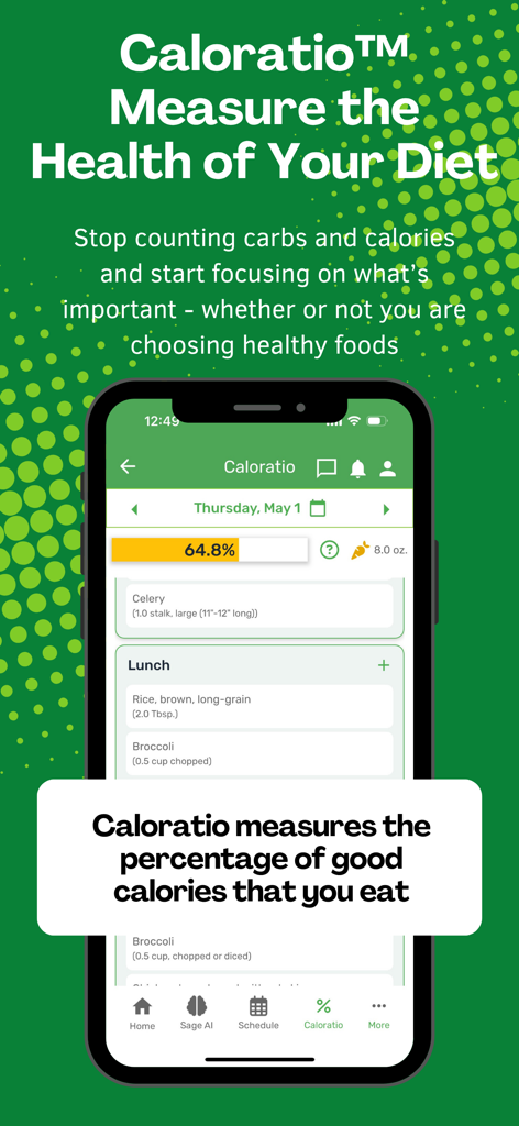 A Pound of Cure - Aplicación A Pound of Cure que muestra el sistema Caloratio para medir la salud de la dieta