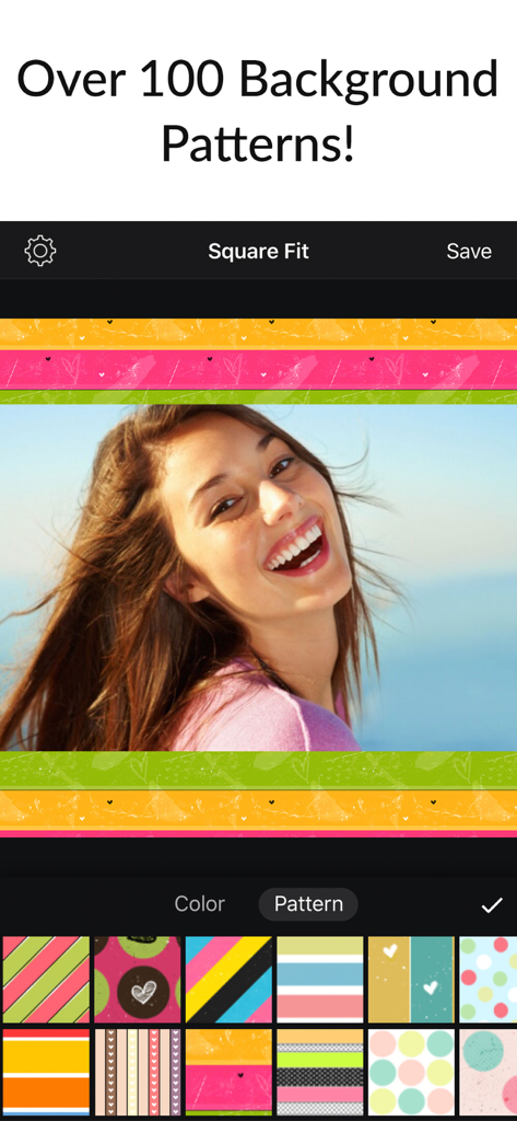 写真ボーダー用のさまざまな背景パターンが表示されているSquare Fitアプリインターフェイス
