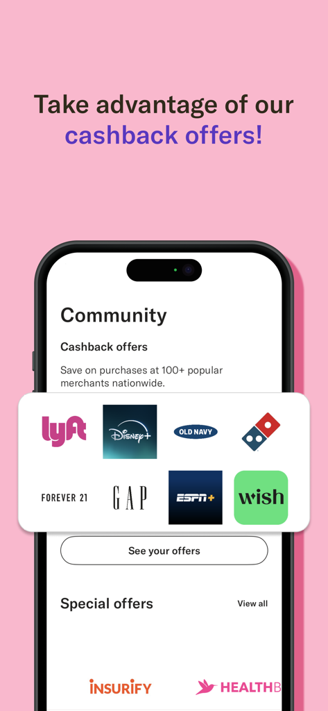 A smartphone displaying the MAJORITY app cashback offers screen with logos from popular brands like Lyft, Disney+, and Domino's.
