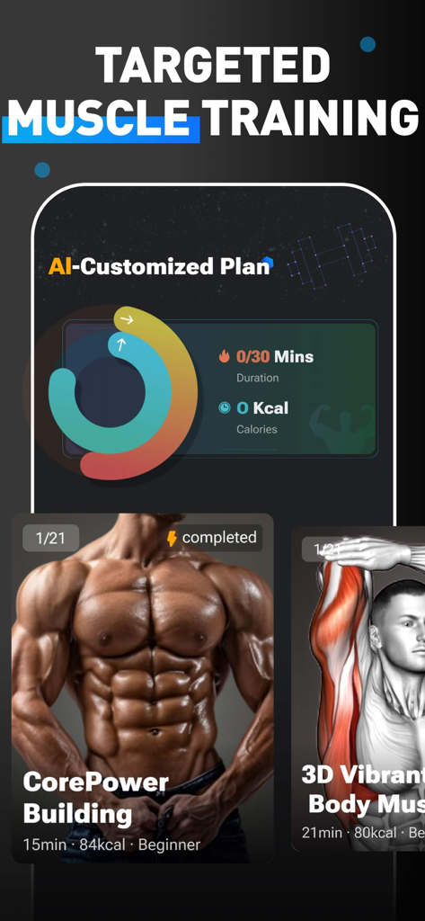 MuscleMaxme app interface displaying an AI customized plan for targeted muscle training and core building workouts