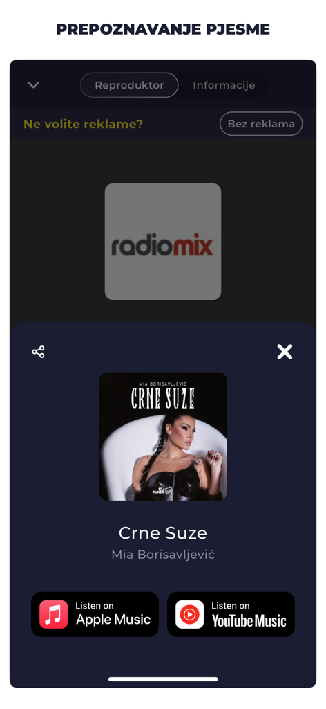 Radio Bosnia app screen showing song identification feature with Apple Music and YouTube Music links
