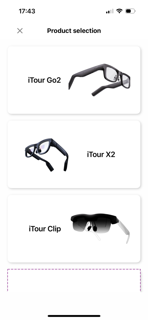 Pantalla de selección de productos que muestra los modelos de gafas AR iTour Go2, iTour X2 y iTour Clip.