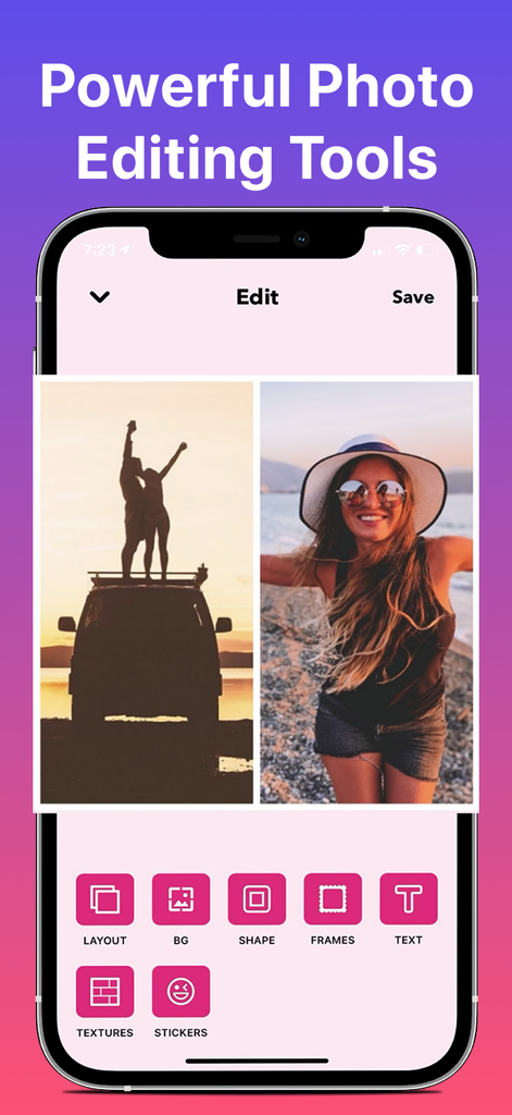 PicMerger Edit Pics & Collages - PicMerger app interface showing photo editing tools for creating collages and editing pictures
