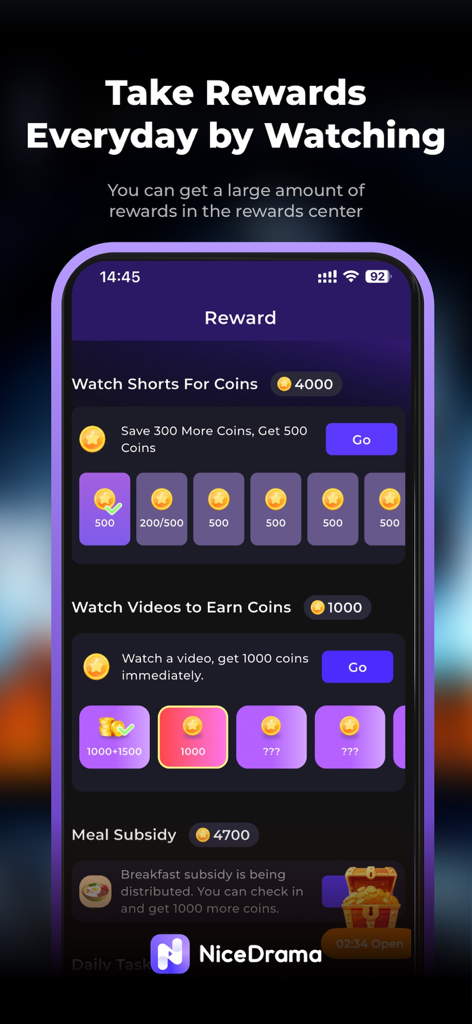 NiceDrama - Schermata delle ricompense dell'app NiceDrama che mostra vari modi per guadagnare monete guardando cortometraggi