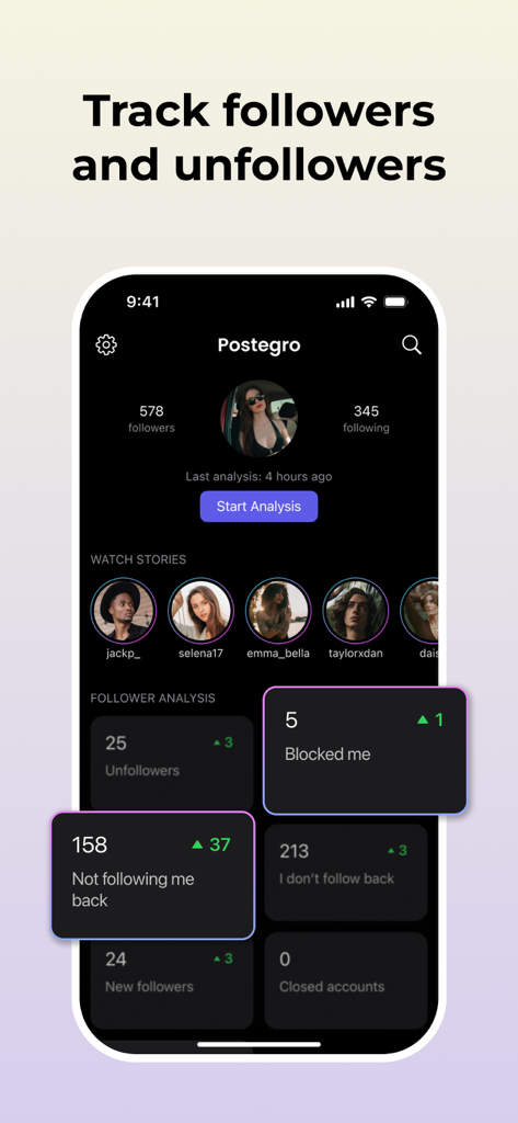 Panel de análisis de seguidores y no seguidores de Instagram en la aplicación Postegro