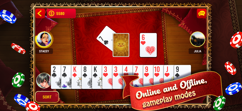 Gameplay screen of Indian Rummy card game showing a hand of cards and online and offline modes