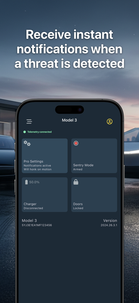Sentry Pro—For your Tesla - Sentry Pro mobile app dashboard showing security status and real-time threat notifications for a Tesla Model 3