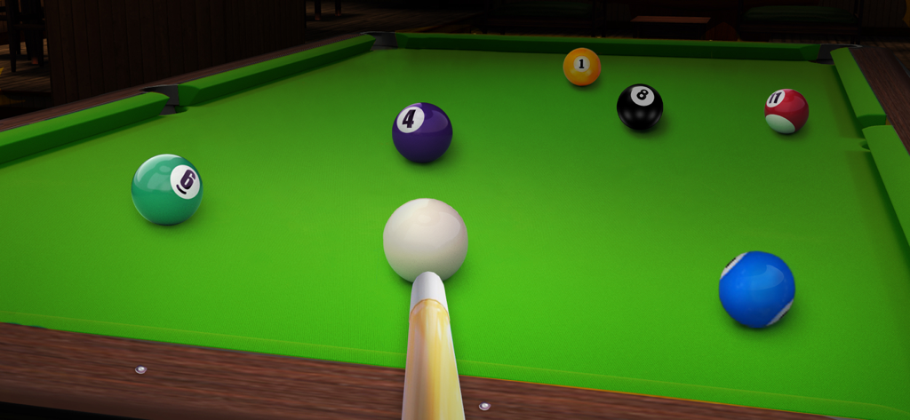 Billiards City - 8 Ball Pool - First person view of a pool cue aiming at a white ball on a green billiards table