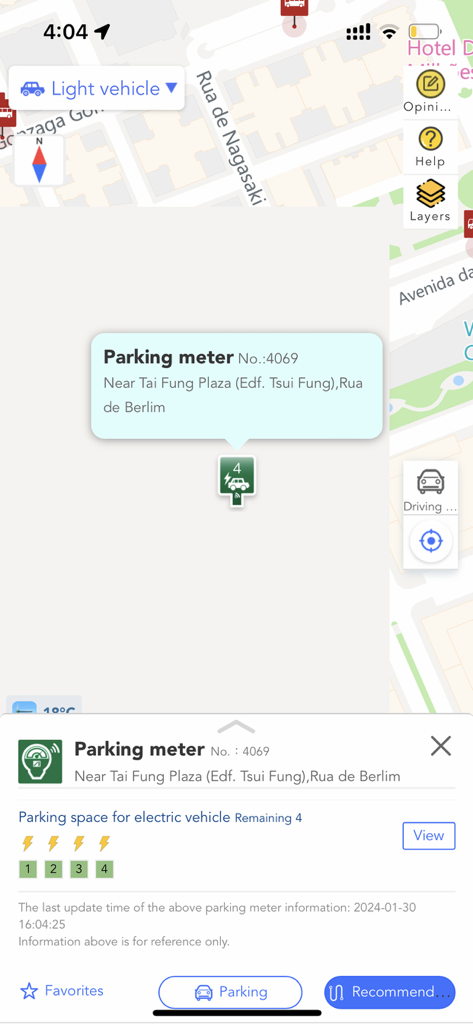Macao Smart Go app map showing real-time electric vehicle parking availability and location details.