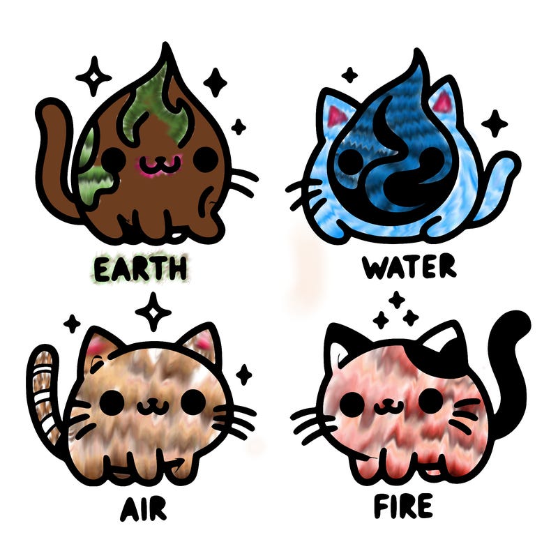 4 cats that represent the different elements, earth, water, air, and fire